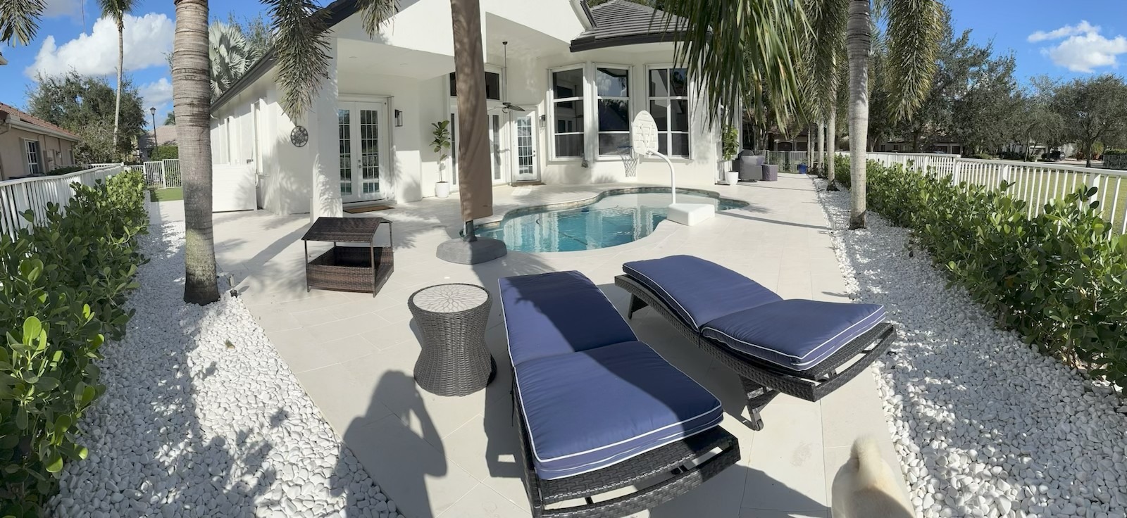 Lounge chairs flank a swimming pool patio, surrounded by tropical plants and white gravel. A basketball hoop and sunny skies complete the serene outdoor space.