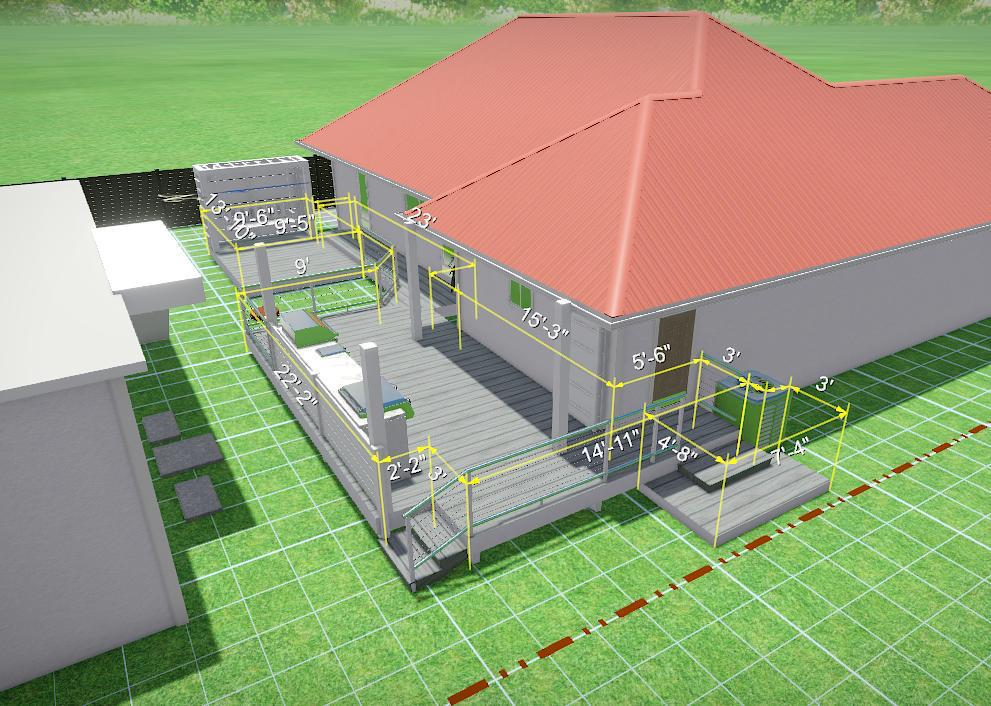 3D architectural design of a house with measurements displayed, highlighting deck dimensions and layout, useful for construction planning.